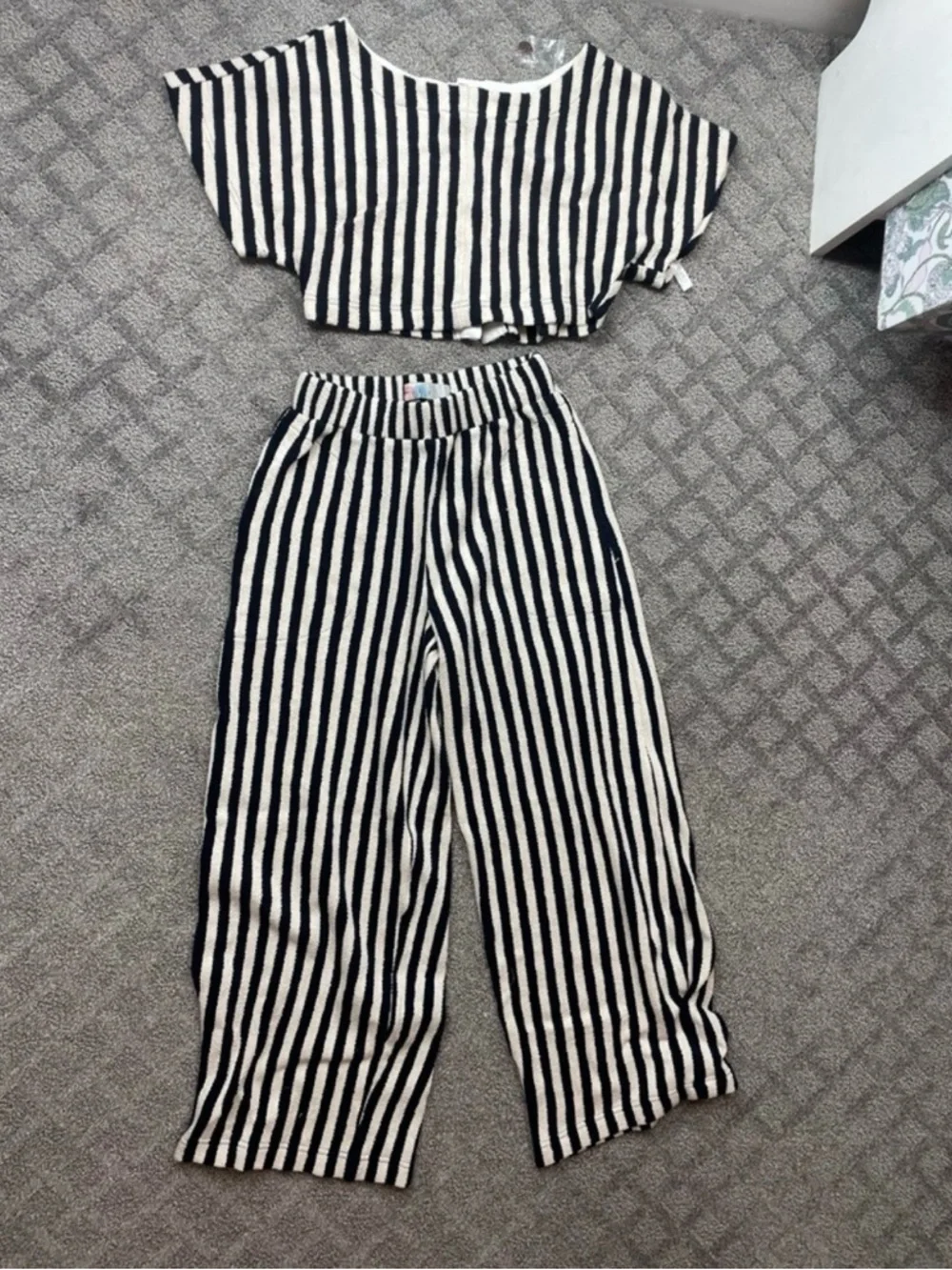 Free People Navy and Cream Striped Knit Crop Top